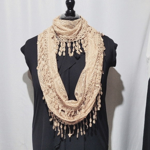 Infinity Lace Fringed Champagne Colored Scarf - Picture 1 of 11